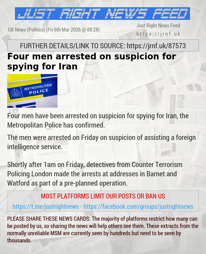 Four men arrested on suspicion for spying for Iran