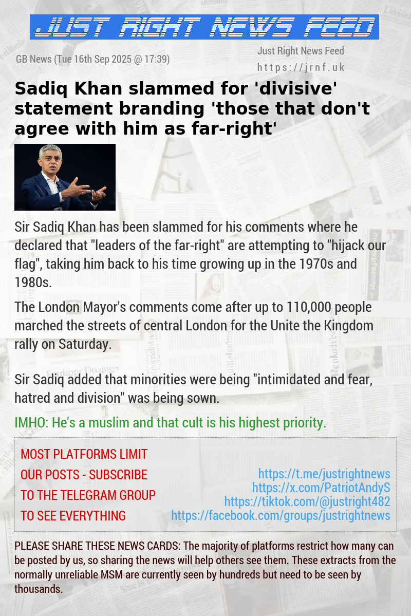 Sadiq Khan slammed for ’divisive’ statement branding ’those that don’t agree with him as far—right’