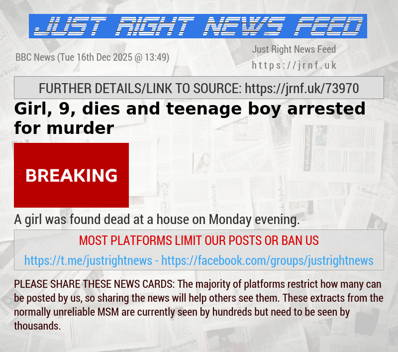 Girl, 9, dies and teenage boy arrested for murder