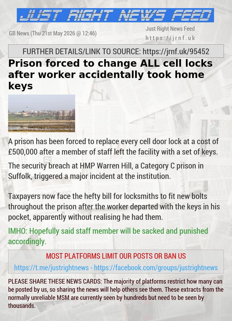 Prison forced to change ALL cell locks after worker accidentally took home keys