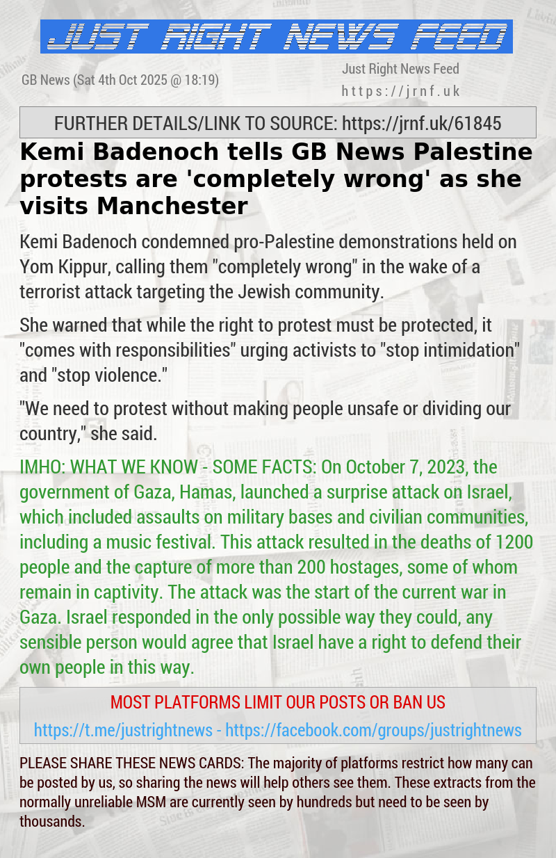 Kemi Badenoch tells GB News Palestine protests are ’completely wrong’ as she visits Manchester