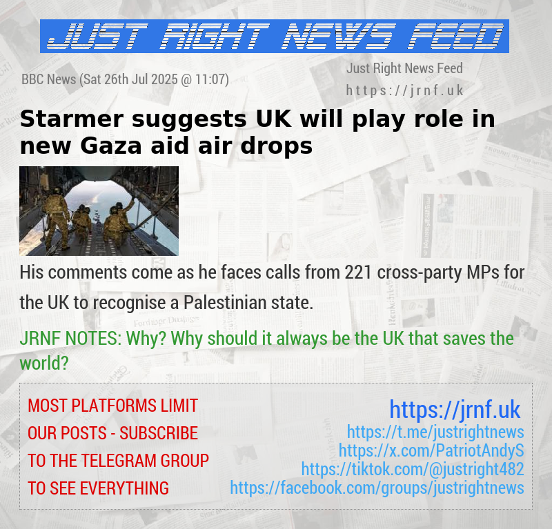 Starmer suggests UK will play role in new Gaza aid air drops