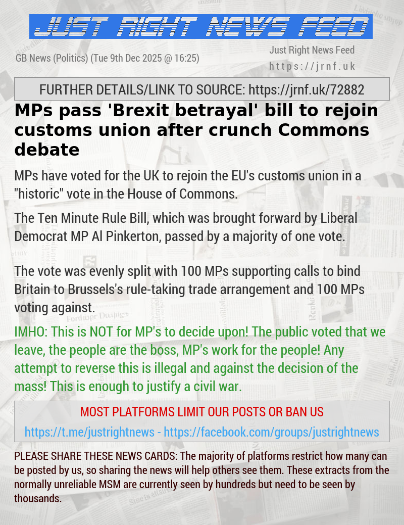 MPs pass ’Brexit betrayal’ bill to rejoin customs union after crunch Commons debate
