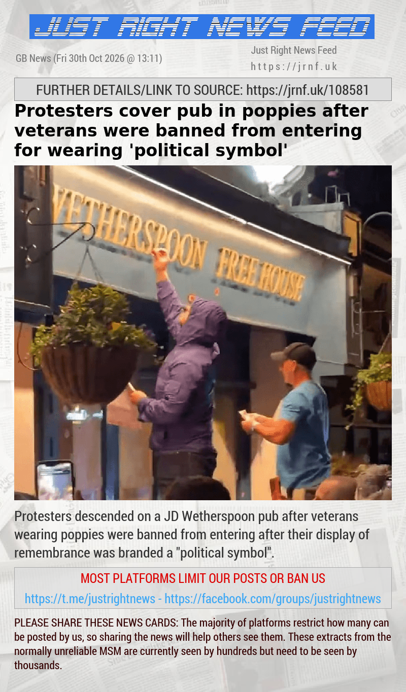 Protesters cover pub in poppies after veterans were banned from entering for wearing ’political symbol’