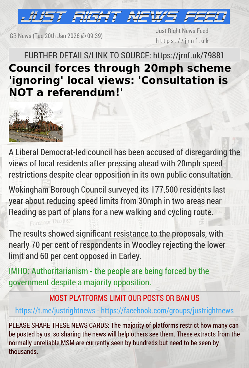 Council forces through 20mph scheme ’ignoring’ local views: ’Consultation is NOT a referendum!’