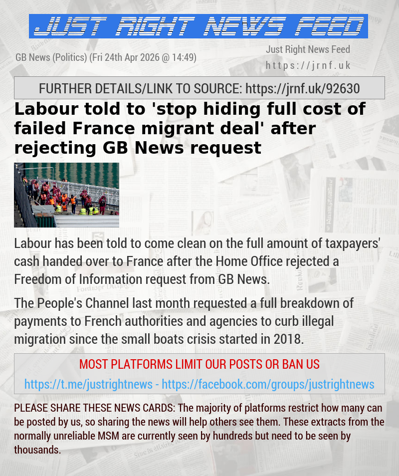 Labour told to ’stop hiding full cost of failed France migrant deal’ after rejecting GB News request