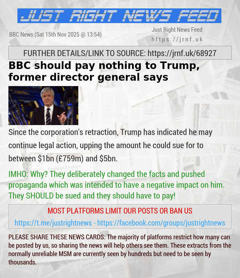 BBC should pay nothing to Trump, former director general says