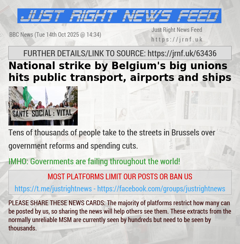 National strike by Belgium’s big unions hits public transport, airports and ships