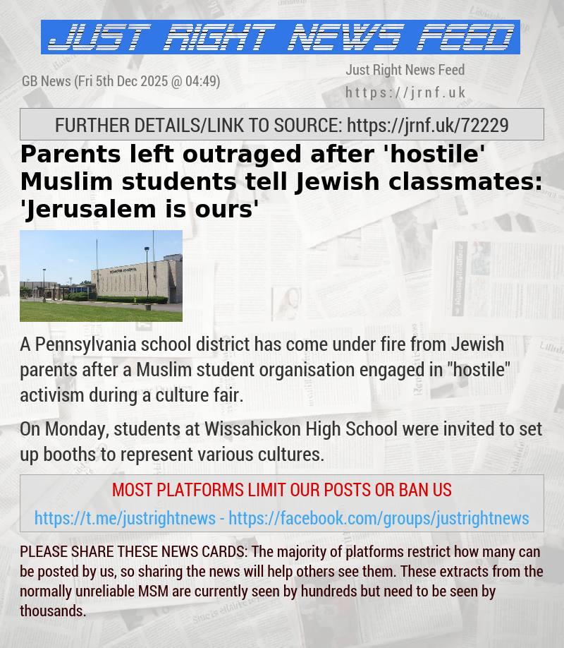 Parents left outraged after ’hostile’ Muslim students tell Jewish classmates: ’Jerusalem is ours’