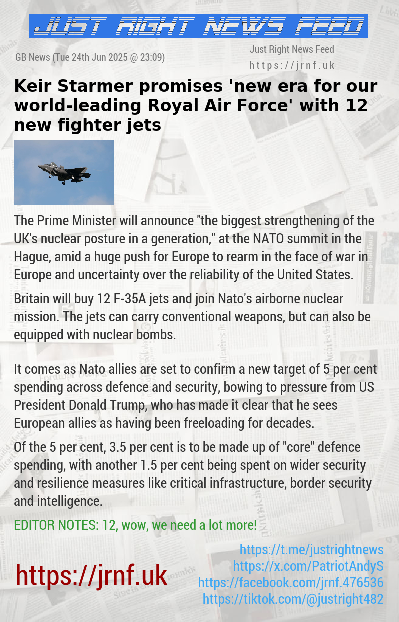 Keir Starmer promises ’new era for our world—leading Royal Air Force’ with 12 new fighter jets