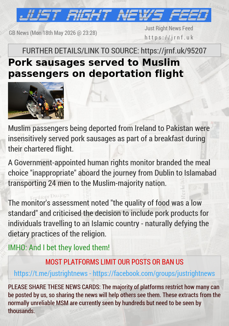 Pork sausages served to Muslim passengers on deportation flight