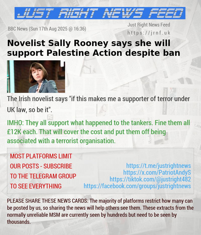 Novelist Sally Rooney says she will support Palestine Action despite ban