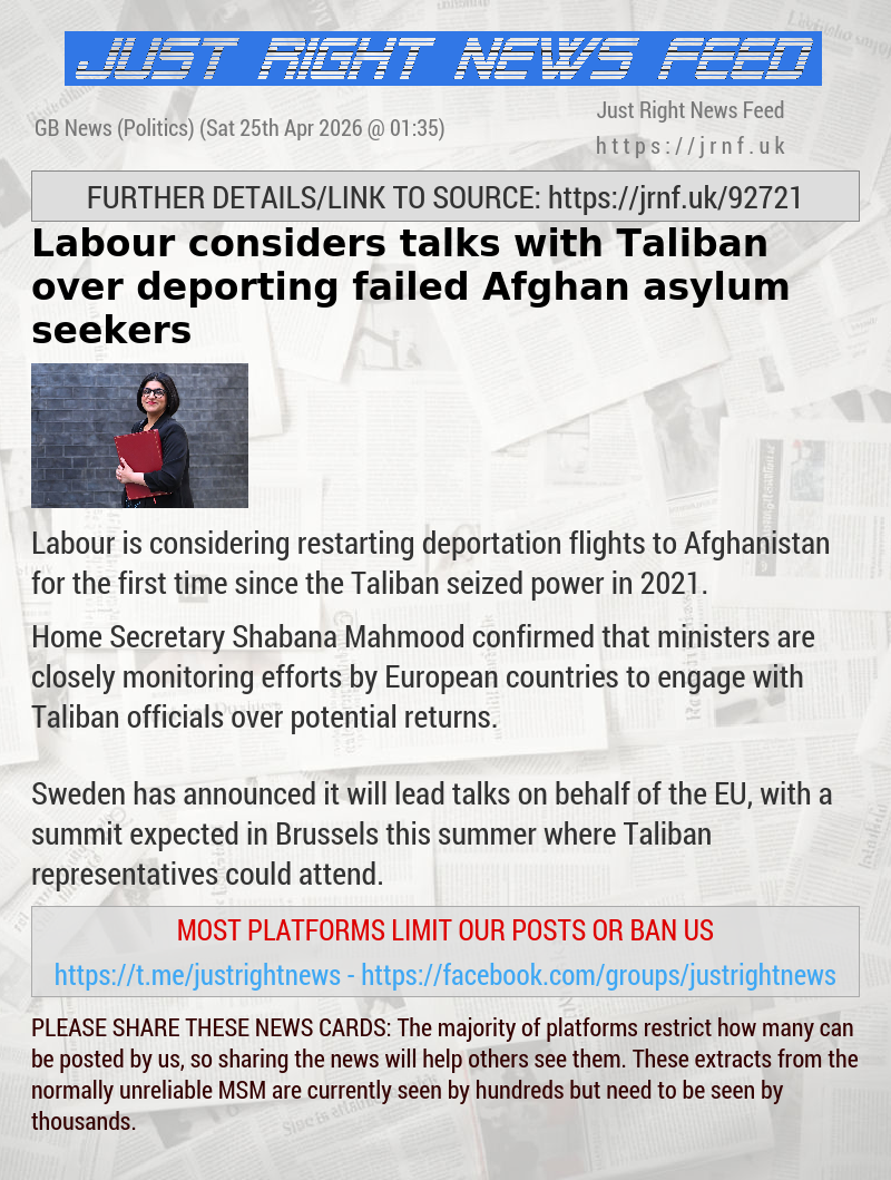 Labour considers talks with Taliban over deporting failed Afghan asylum seekers