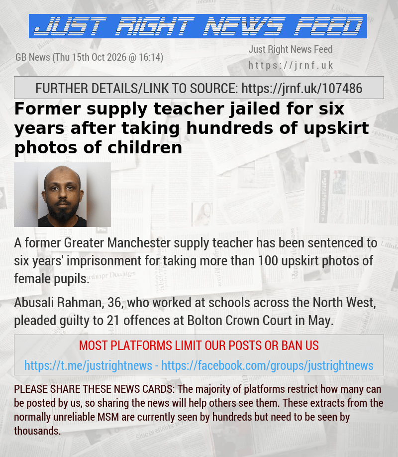 Former supply teacher jailed for six years after taking hundreds of upskirt photos of children