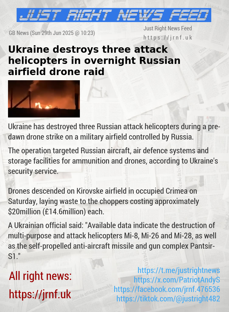 Ukraine destroys three attack helicopters in overnight Russian airfield drone raid