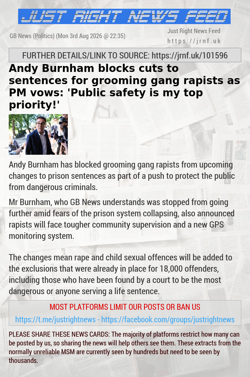 Andy Burnham blocks cuts to sentences for grooming gang rapists as PM vows: ’Public safety is my top priority!’