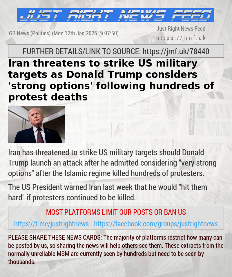 Iran threatens to strike US military targets as Donald Trump considers ’strong options’ following hundreds of protest deaths