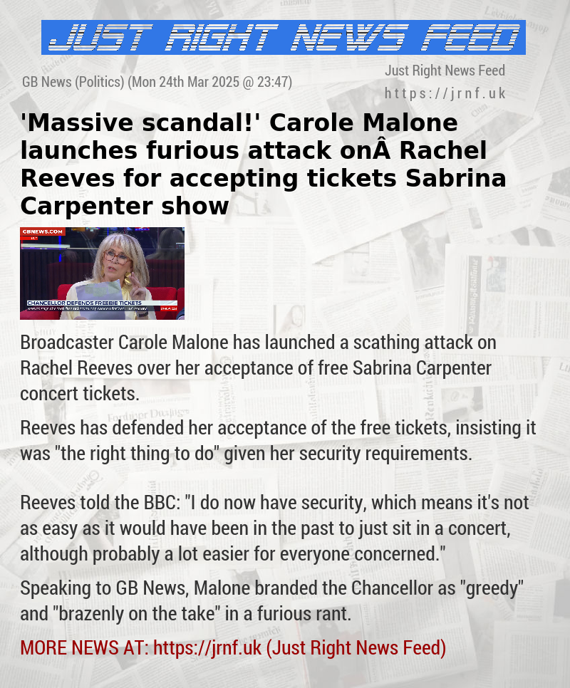 ’Massive scandal!’ Carole Malone launches furious attack on  Rachel Reeves for accepting tickets Sabrina Carpenter show