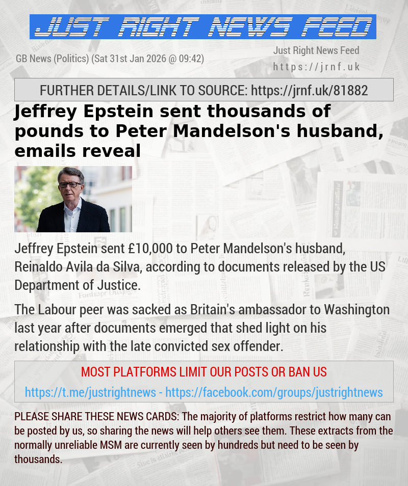 Jeffrey Epstein sent thousands of pounds to Peter Mandelson’s husband, emails reveal