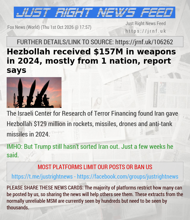 Hezbollah received $157M in weapons in 2024, mostly from 1 nation, report says