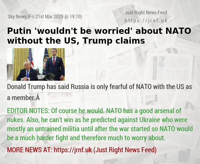 Putin ’wouldn’t be worried’ about NATO without the US, Trump claims