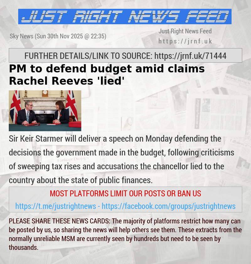 PM to defend budget amid claims Rachel Reeves ’lied’