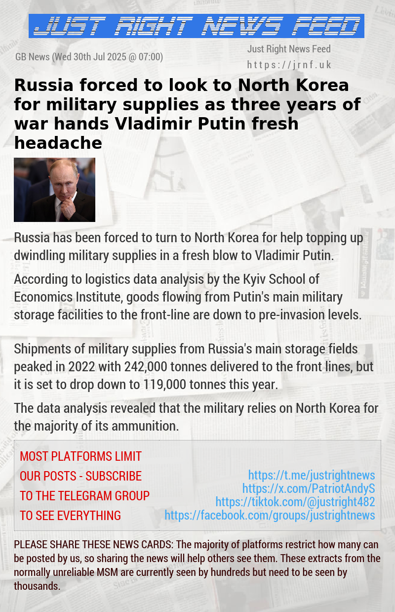 Russia forced to look to North Korea for military supplies as three years of war hands Vladimir Putin fresh headache