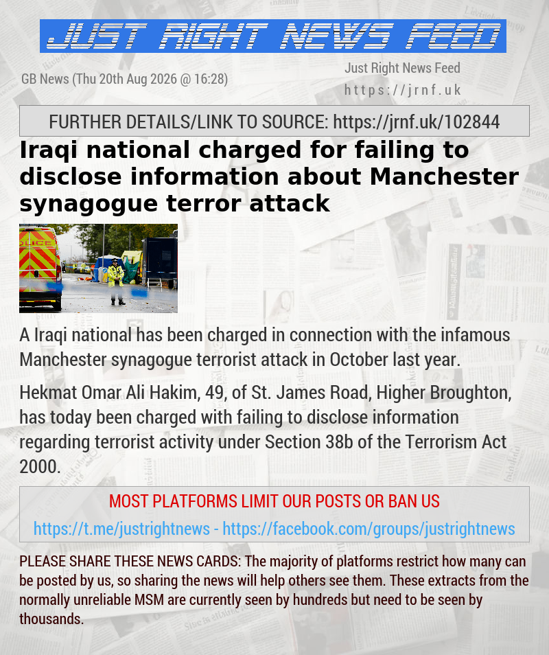 Iraqi national charged for failing to disclose information about Manchester synagogue terror attack