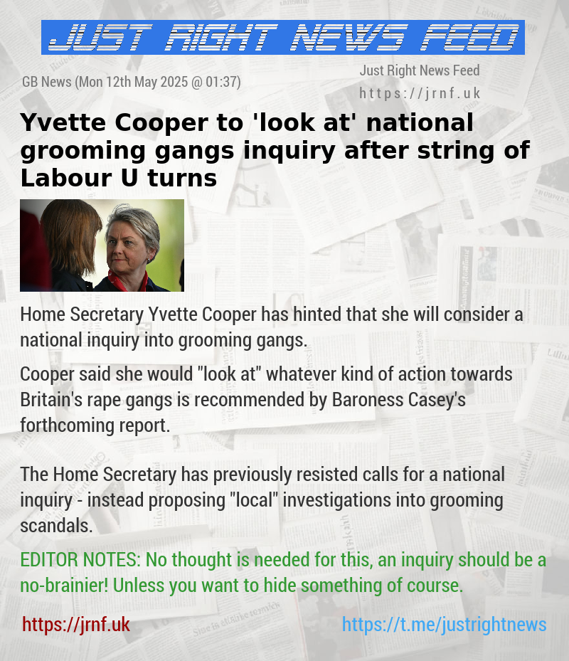 Yvette Cooper to ’look at’ national grooming gangs inquiry after string of Labour U—turns