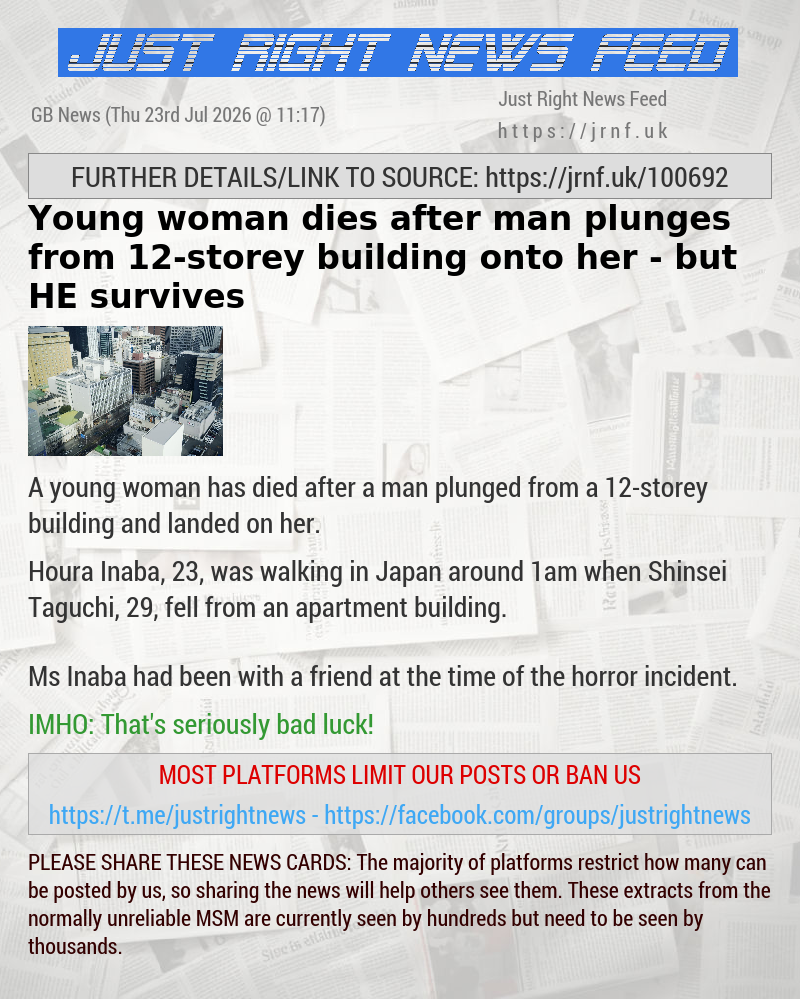 Young woman dies after man plunges from 12—storey building onto her — but HE survives