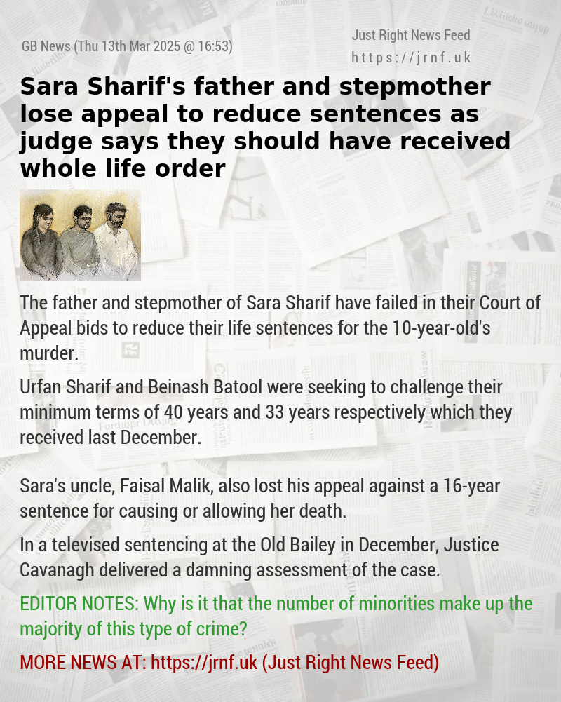 Sara Sharif’s father and stepmother lose appeal to reduce sentences as judge says they should have received whole life order