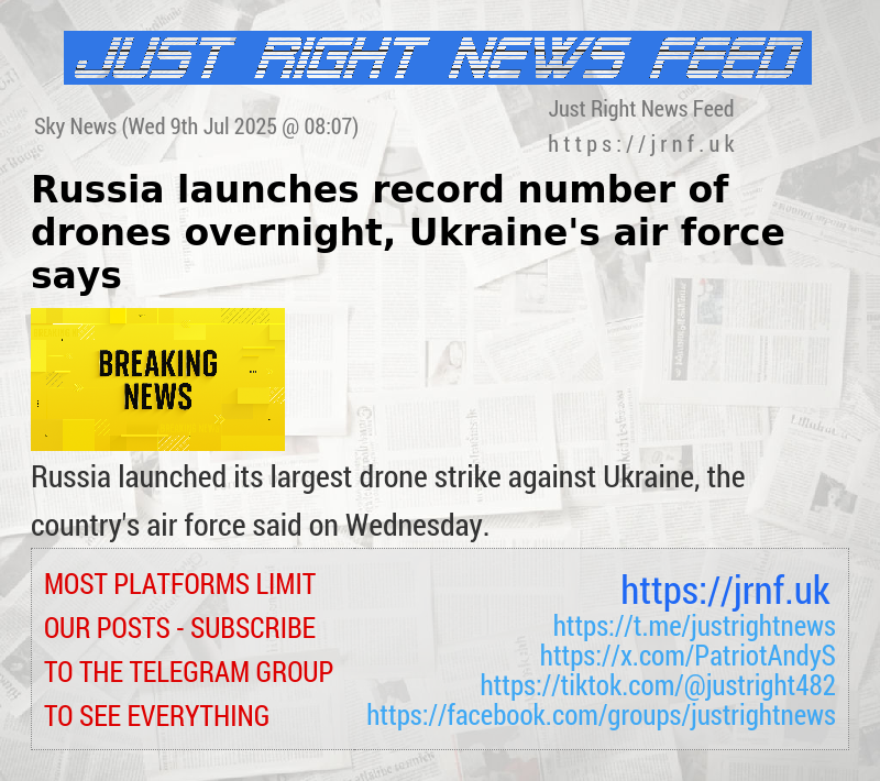 Russia launches record number of drones overnight, Ukraine’s air force says