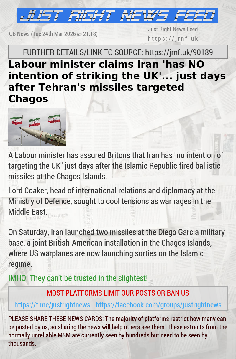 Labour minister claims Iran ’has NO intention of striking the UK’... just days after Tehran’s missiles targeted Chagos