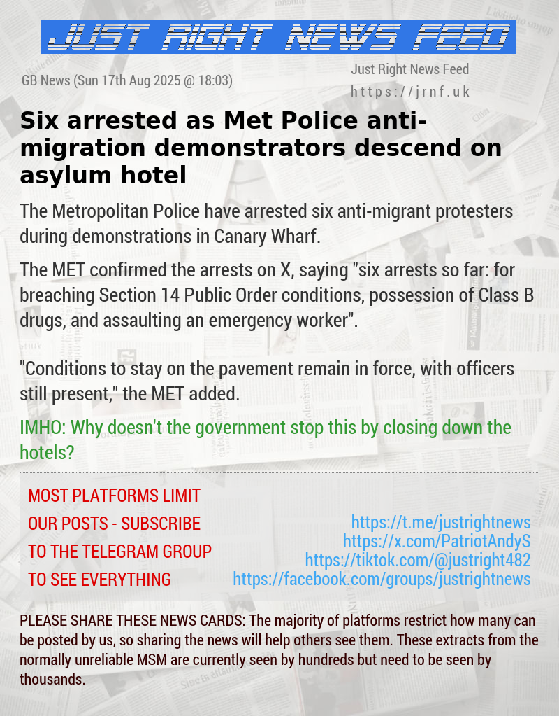 Six arrested as Met Police anti—migration demonstrators descend on asylum hotel