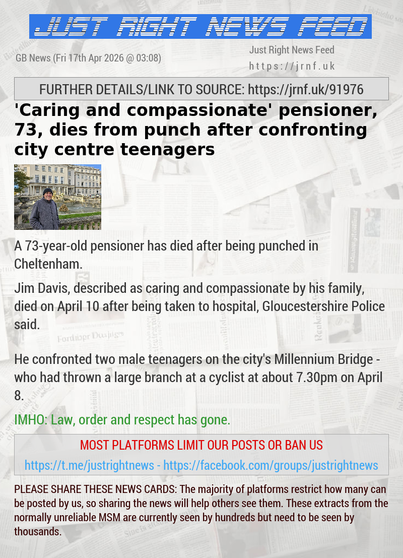 ’Caring and compassionate’ pensioner, 73, dies from punch after confronting city centre teenagers