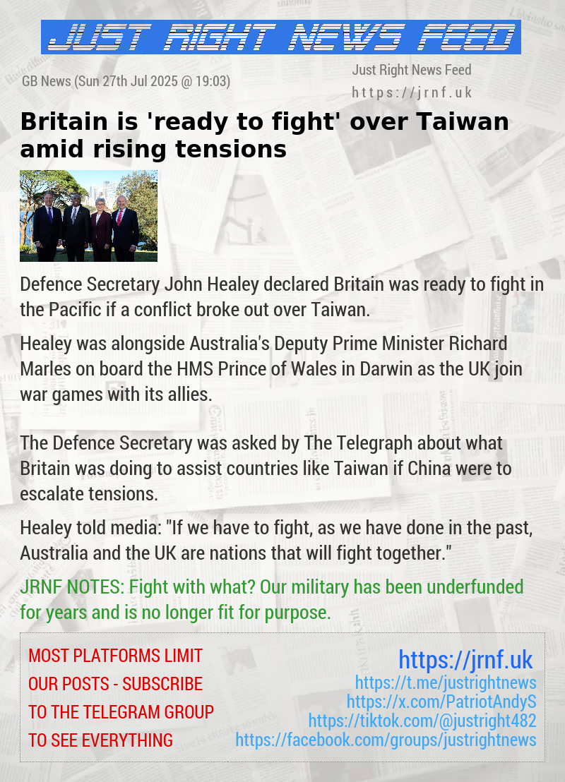 Britain is ’ready to fight’ over Taiwan amid rising tensions