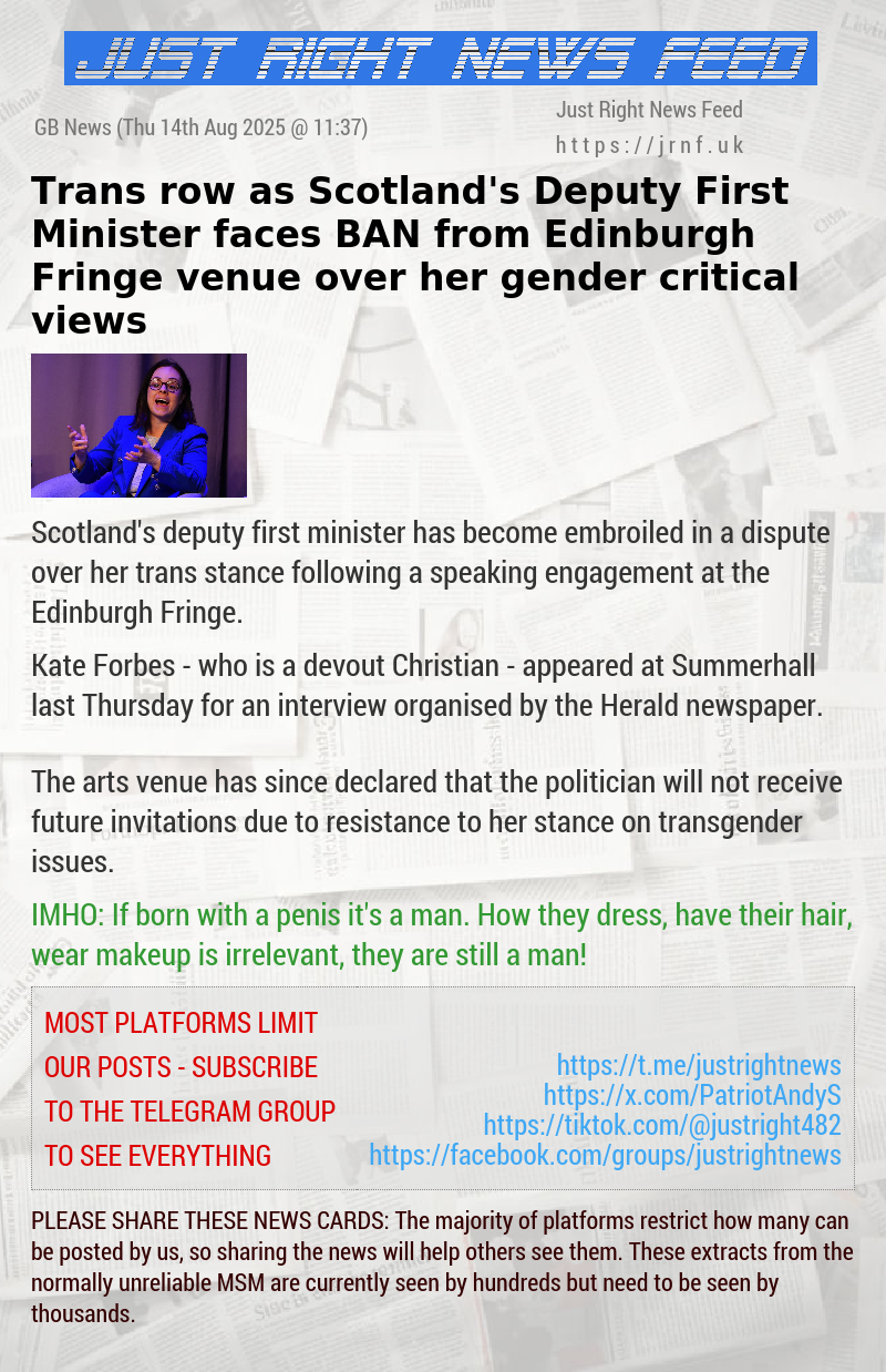 Trans row as Scotland’s Deputy First Minister faces BAN from Edinburgh Fringe venue over her gender critical views
