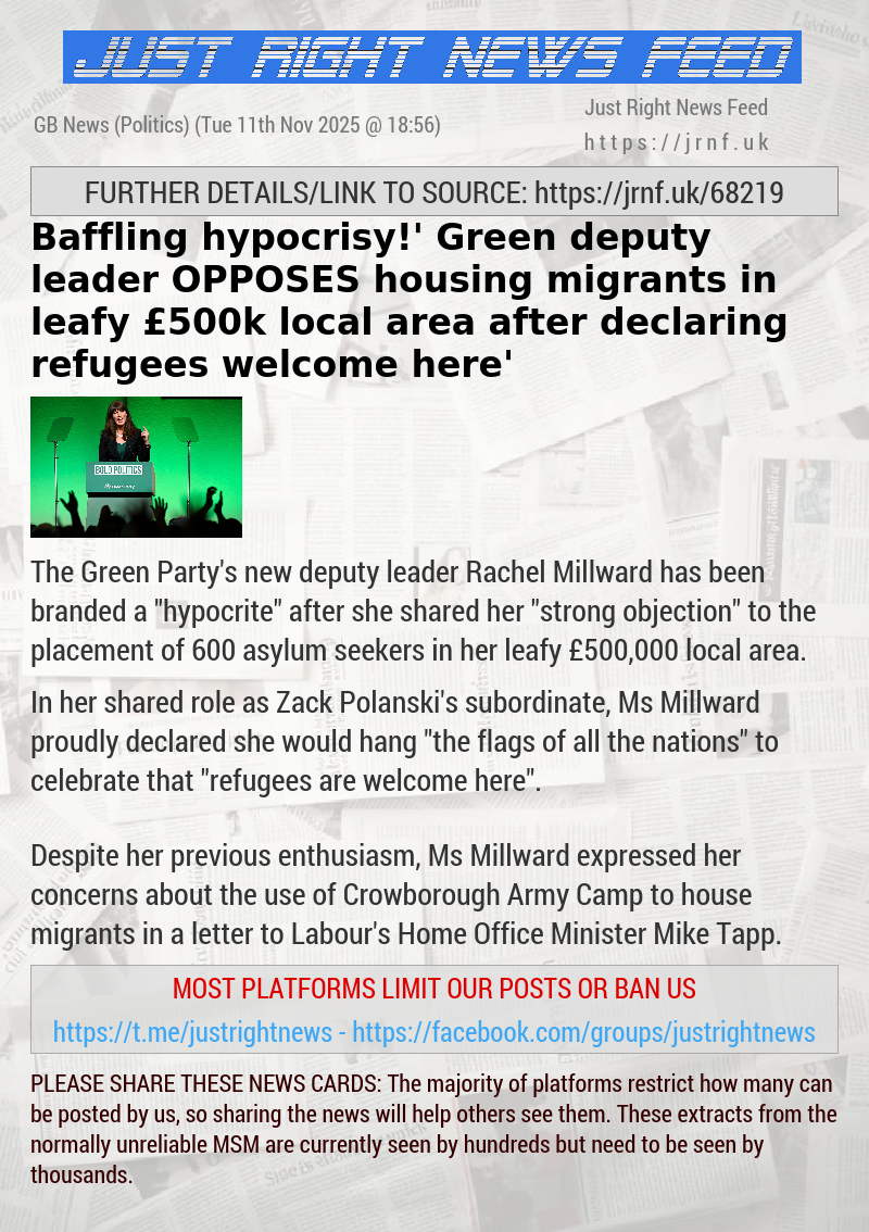 ‘Baffling hypocrisy!’ Green deputy leader OPPOSES housing migrants in leafy &pound;500k local area after declaring ‘refugees welcome here’