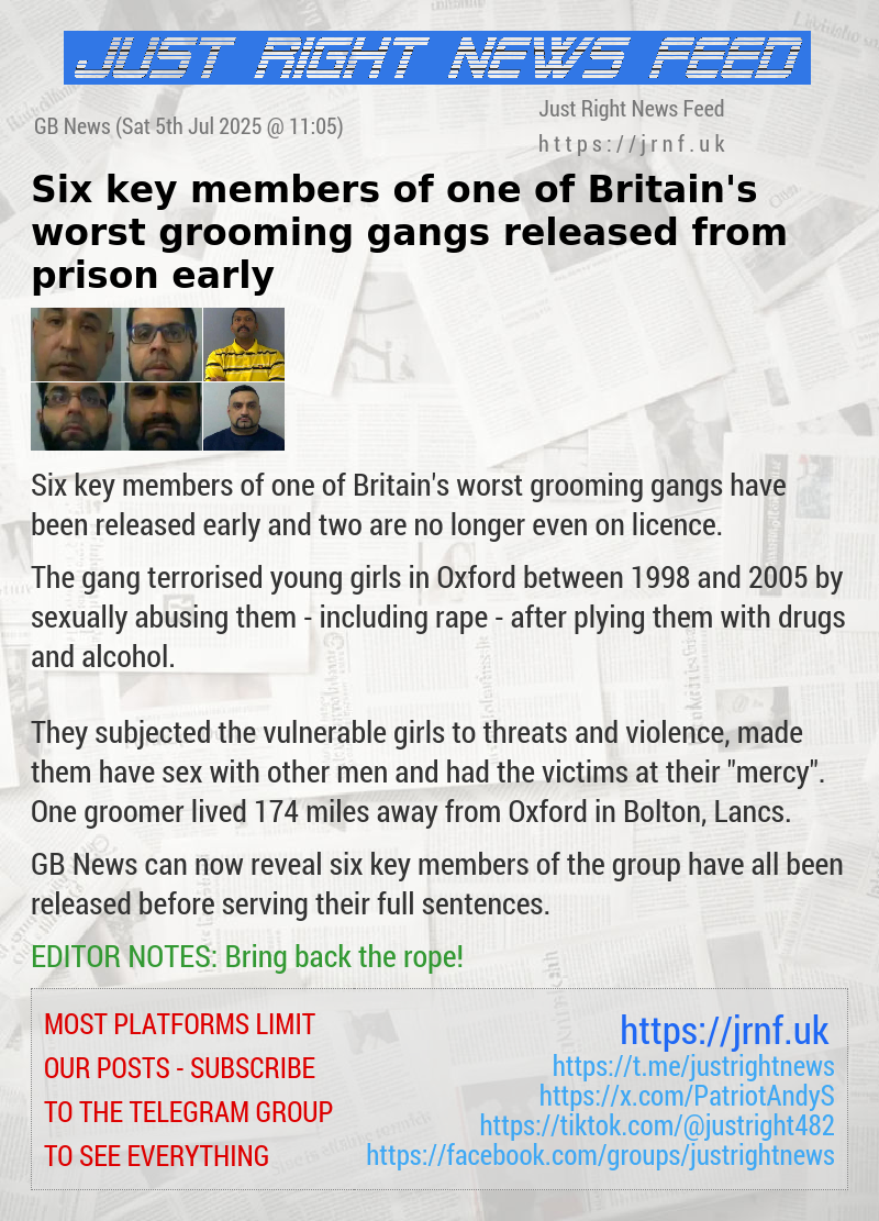 Six key members of one of Britain’s worst grooming gangs released from prison early