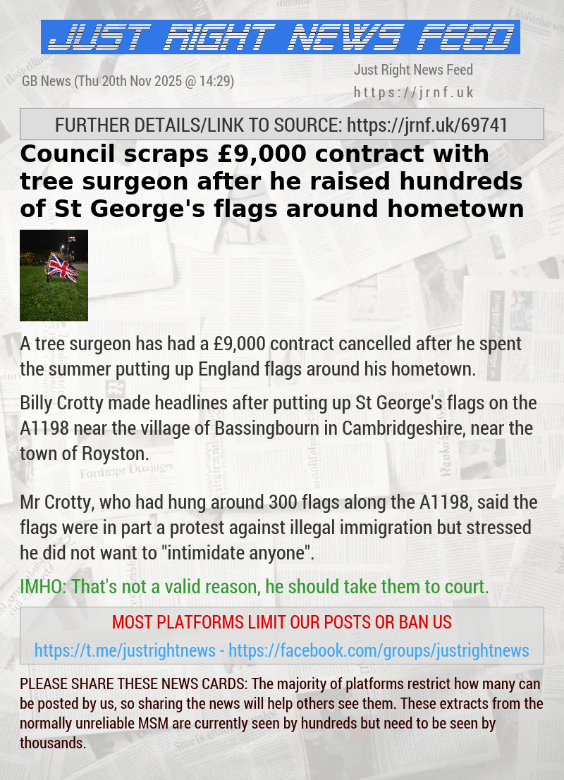 Council scraps &pound;9,000 contract with tree surgeon after he raised hundreds of St George’s flags around hometown