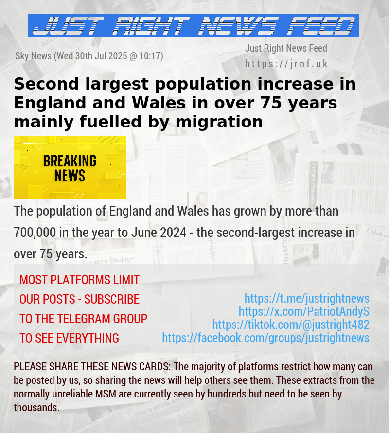 Second—largest population increase in England and Wales in over 75 years — mainly fuelled by migration