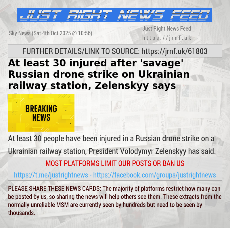 At least 30 injured after ’savage’ Russian drone strike on Ukrainian railway station, Zelenskyy says