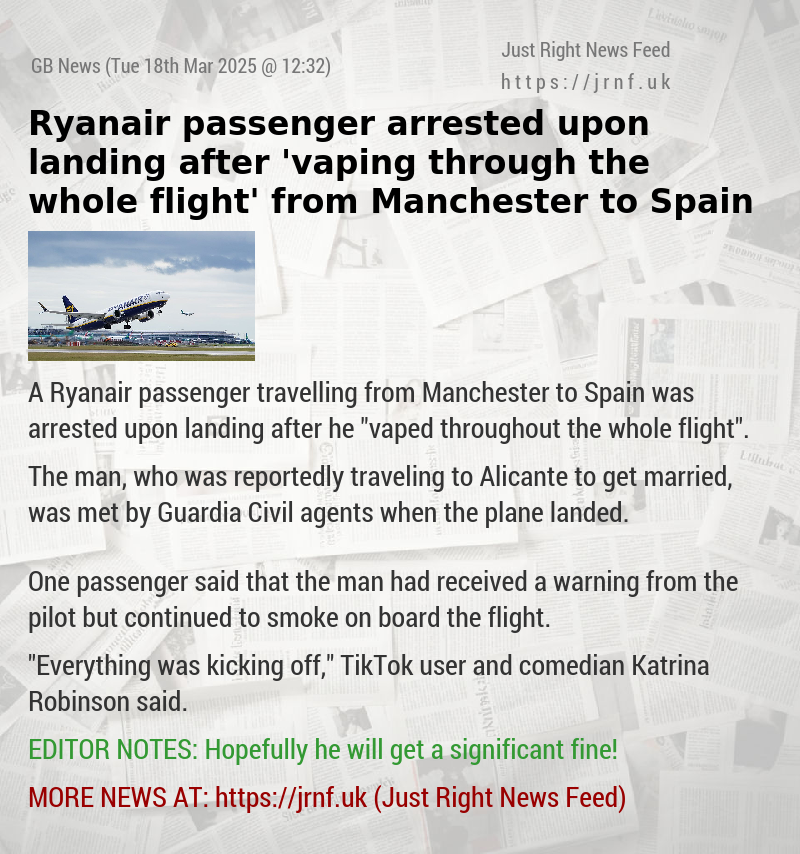Ryanair passenger arrested upon landing after ’vaping through the whole flight’ from Manchester to Spain
