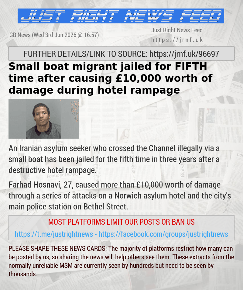 Small boat migrant jailed for FIFTH time after causing &pound;10,000 worth of damage during hotel rampage