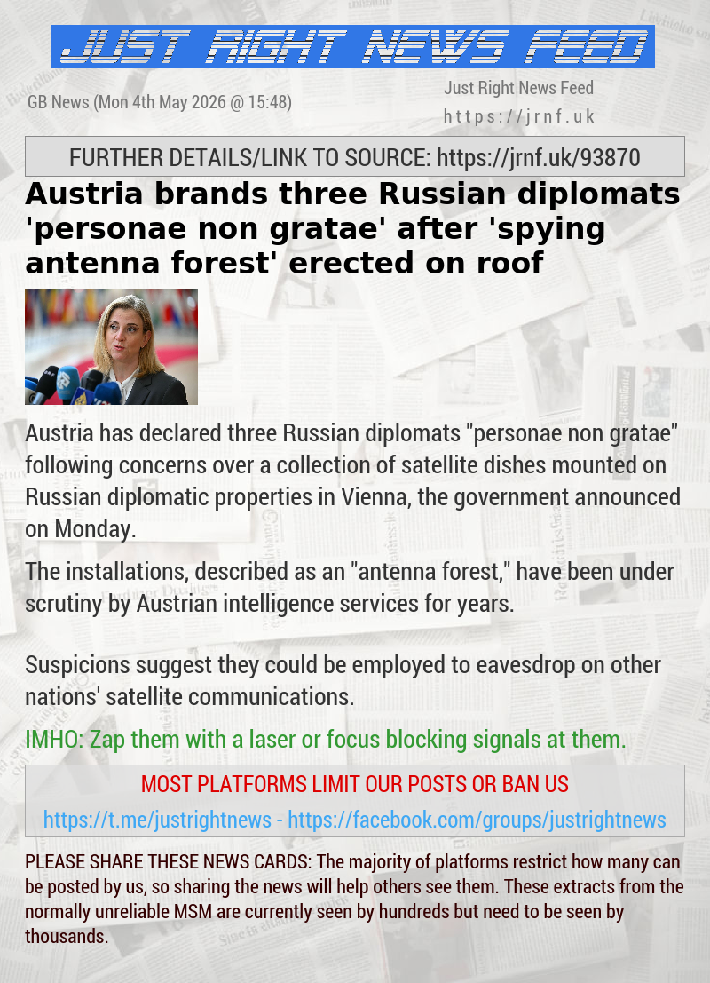 Austria brands three Russian diplomats ’personae non gratae’ after ’spying antenna forest’ erected on roof