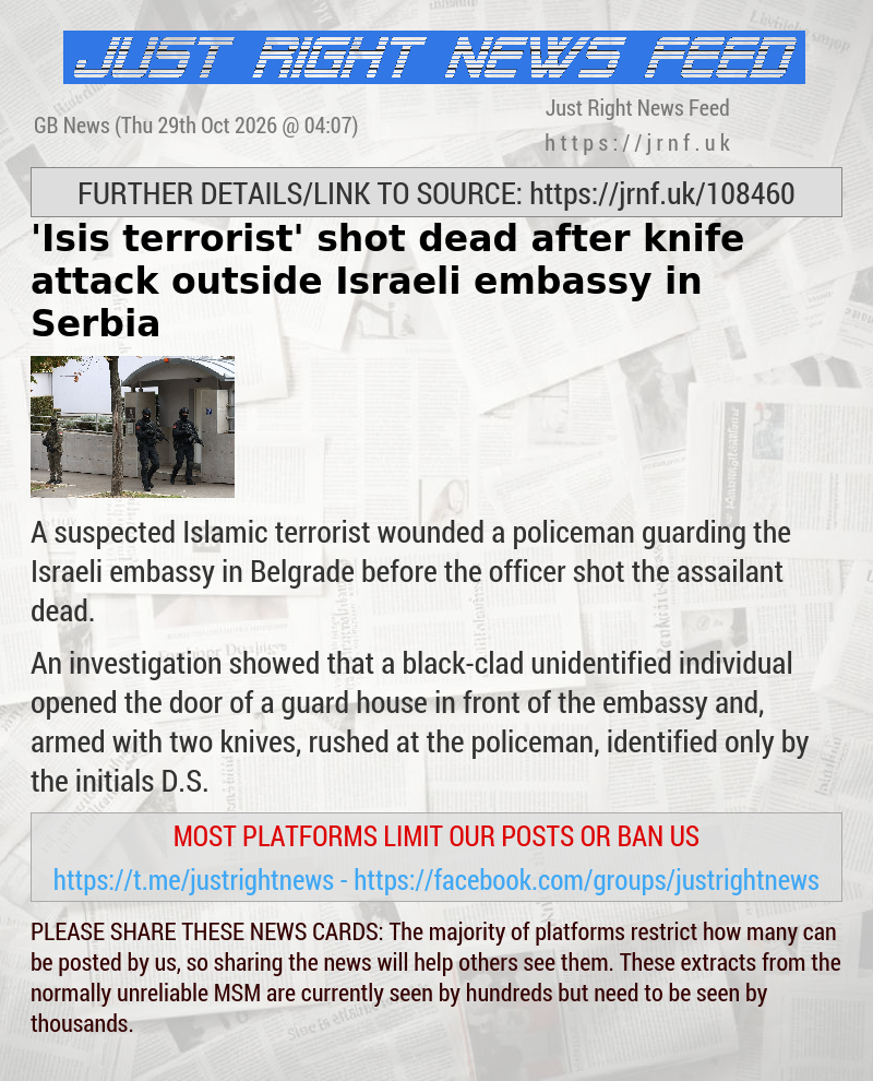 ’Isis terrorist’ shot dead after knife attack outside Israeli embassy in Serbia