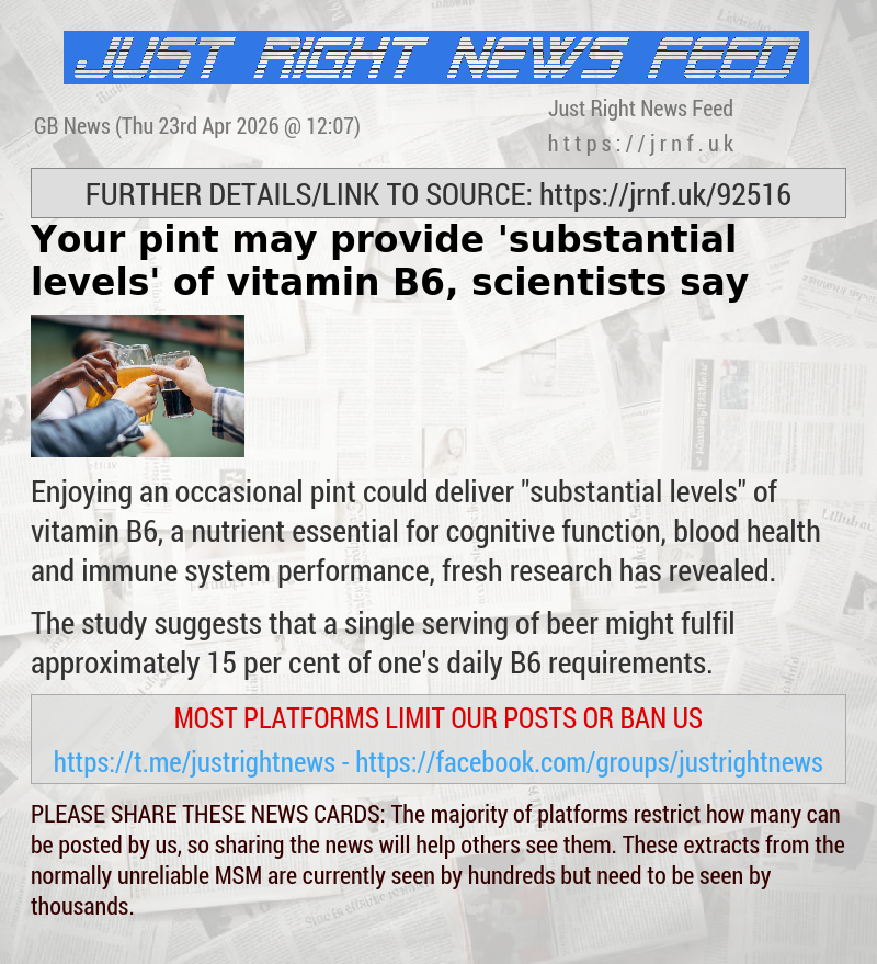 Your pint may provide ’substantial levels’ of vitamin B6, scientists say