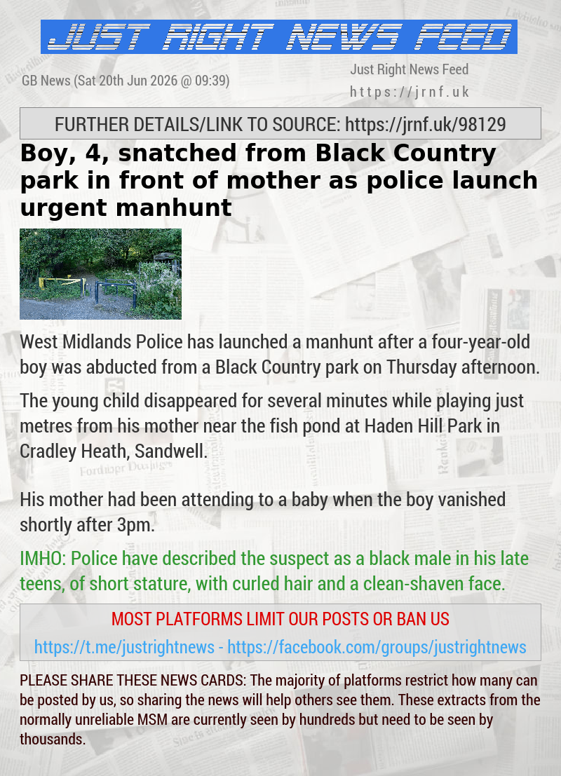 Boy, 4, snatched from Black Country park in front of mother as police launch urgent manhunt