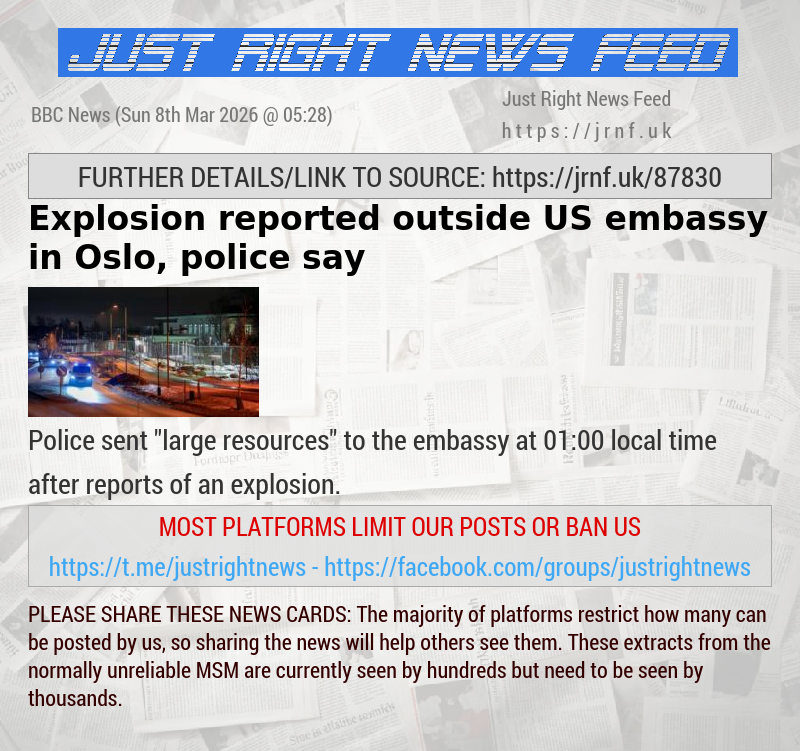 Explosion reported outside US embassy in Oslo, police say