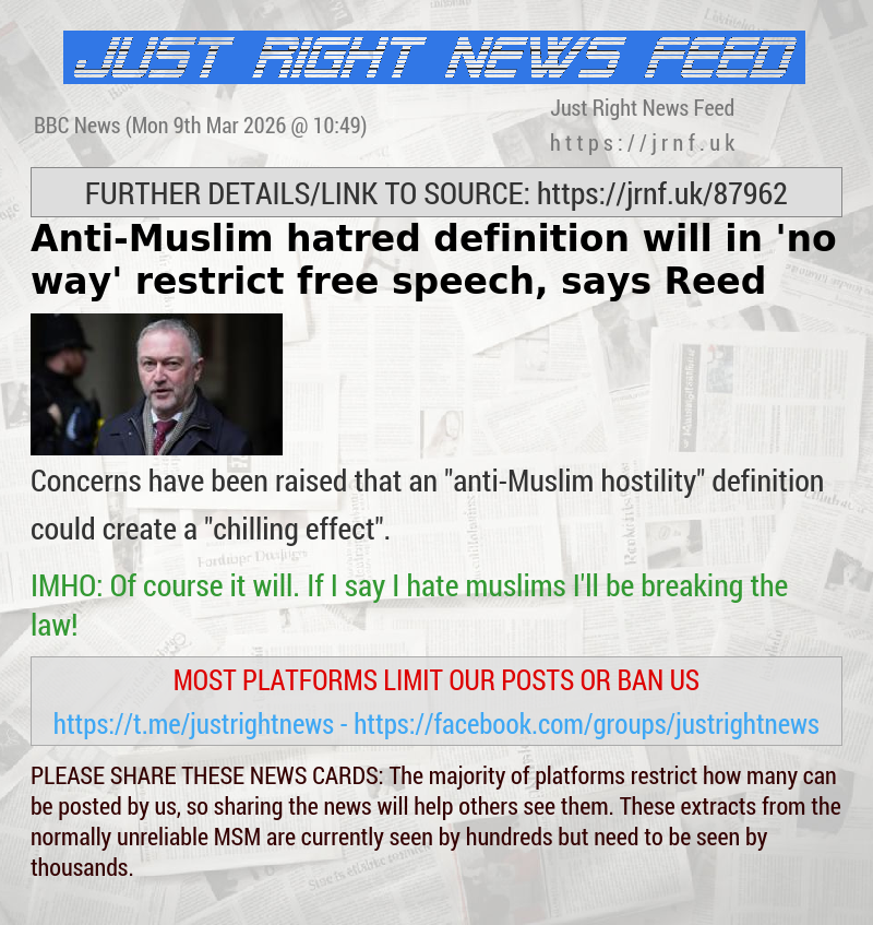 Anti—Muslim hatred definition will in ’no way’ restrict free speech, says Reed